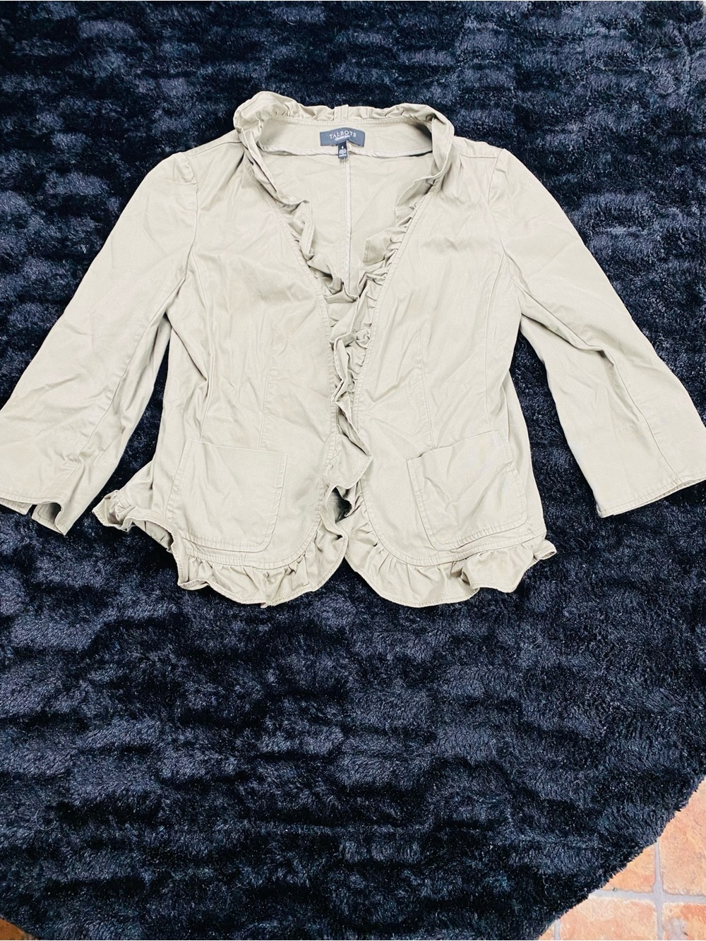Talbots Womens Size 8 Khaki Ruffle Trim Blazer Jacket 3/4 Sleeve Cotton Stretch